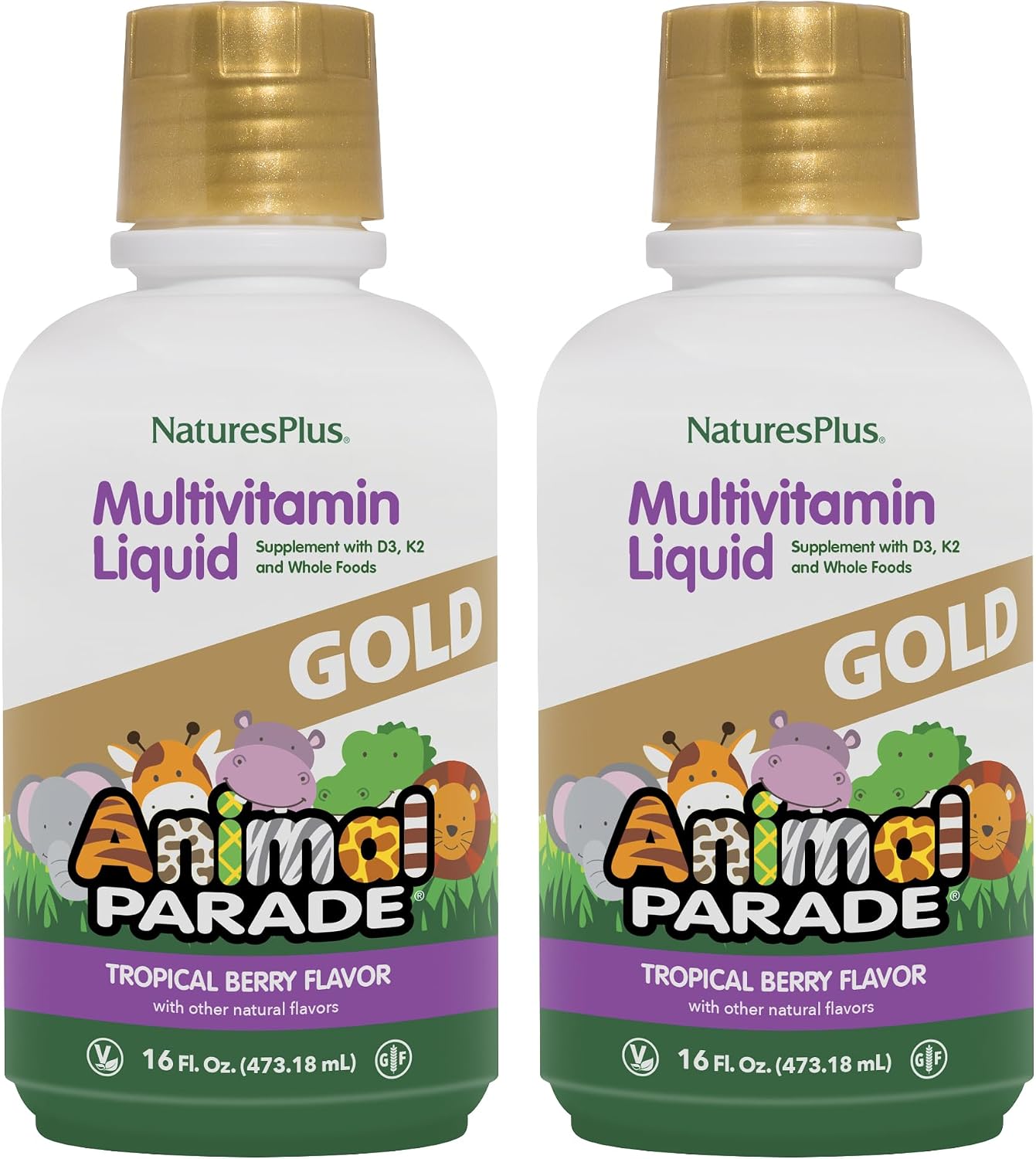 NaturesPlus Animal Parade Gold Children's Liquid Multivitamin, 16 fl oz - Natural Tropical Berry Flavor - Immune Support Supplement - Gluten Free, Vegan - 32 Servings