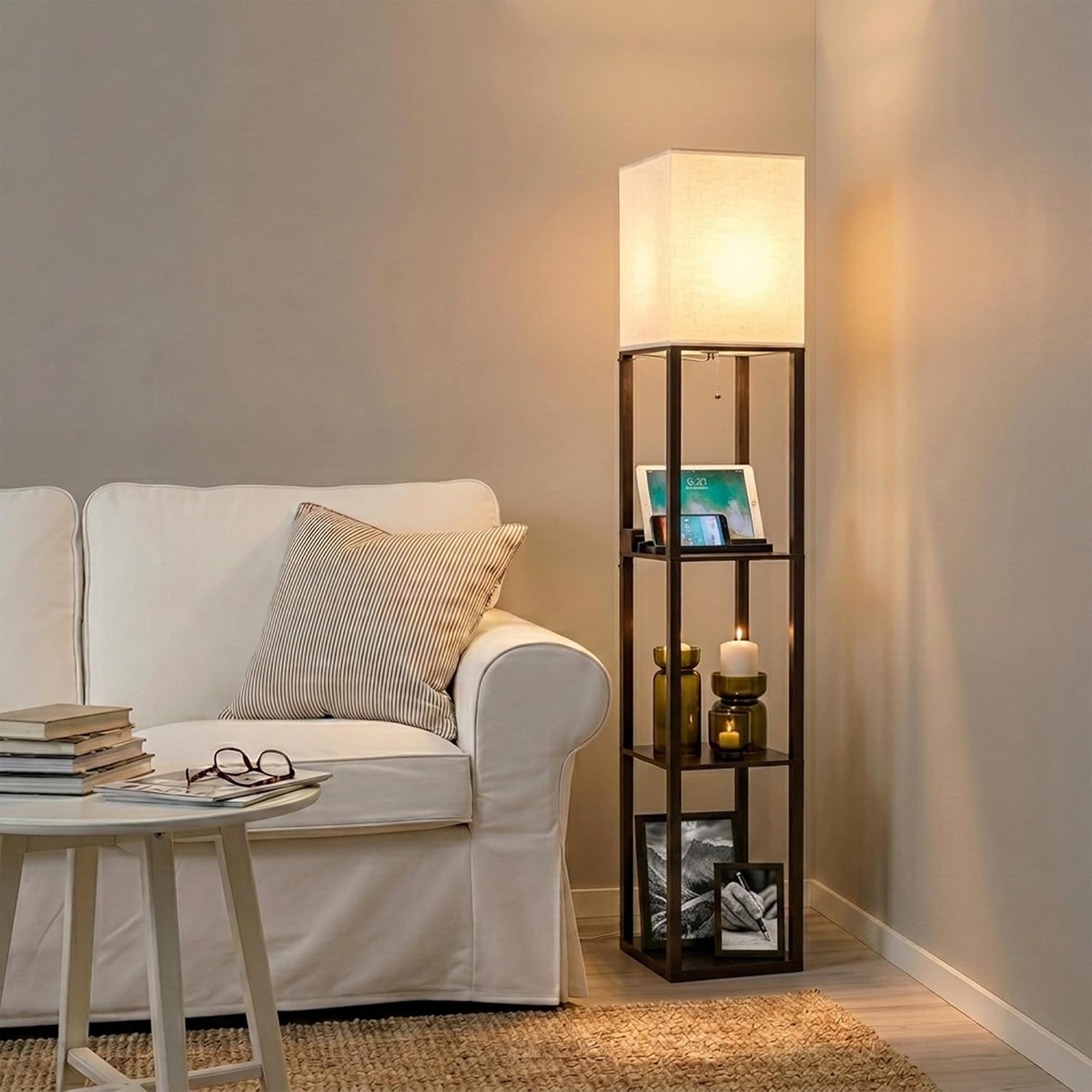 Brightech Maxwell Charger - Modern Shelf Floor Lamp with USB Charging Ports & Electric Outlet - Corner Display Floor Lamps with Shelves for Living
