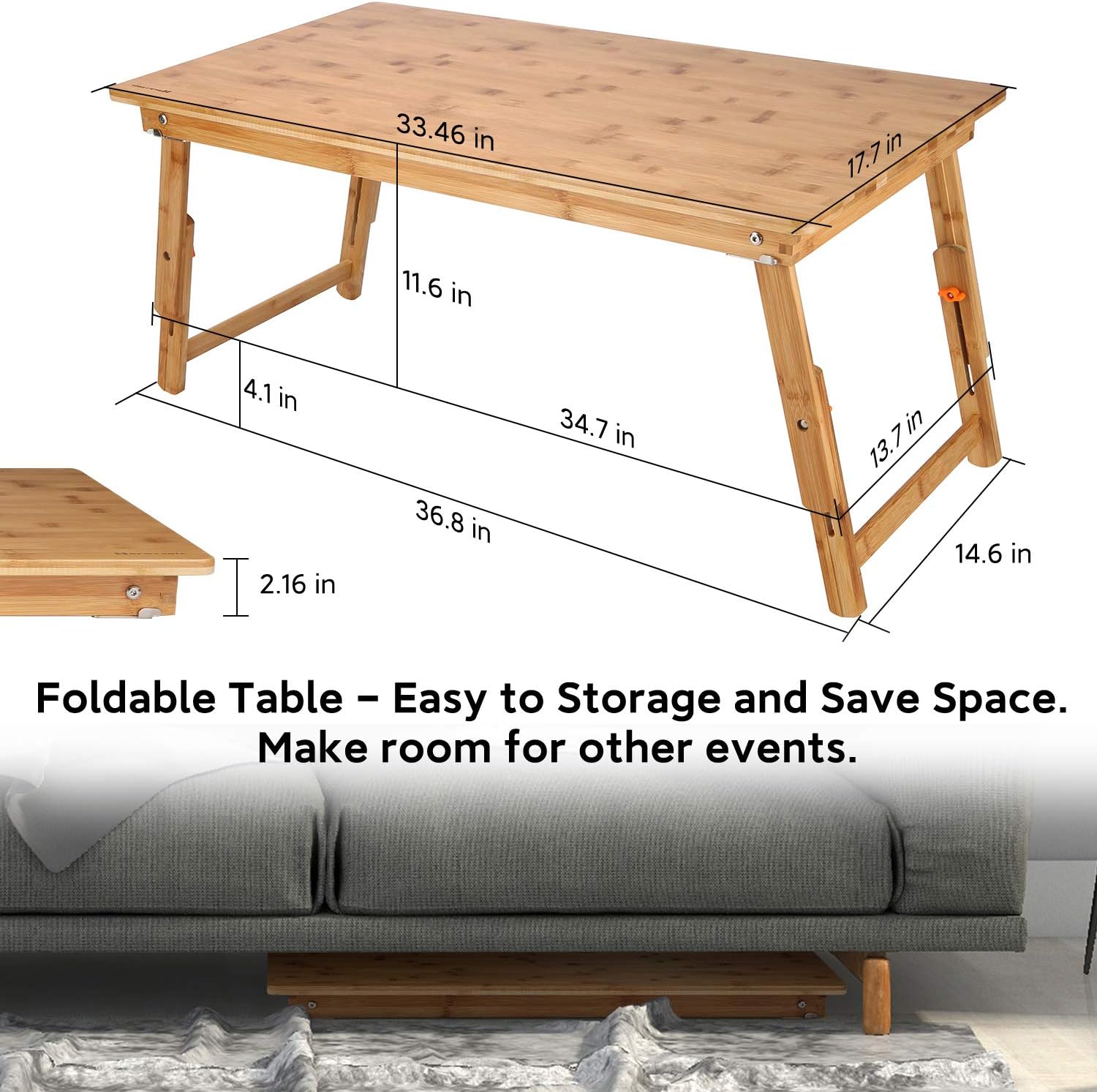 Nnewvante Large Floor Desk Foldable Tray for Adults, Bamboo 33.5 x 17.7in