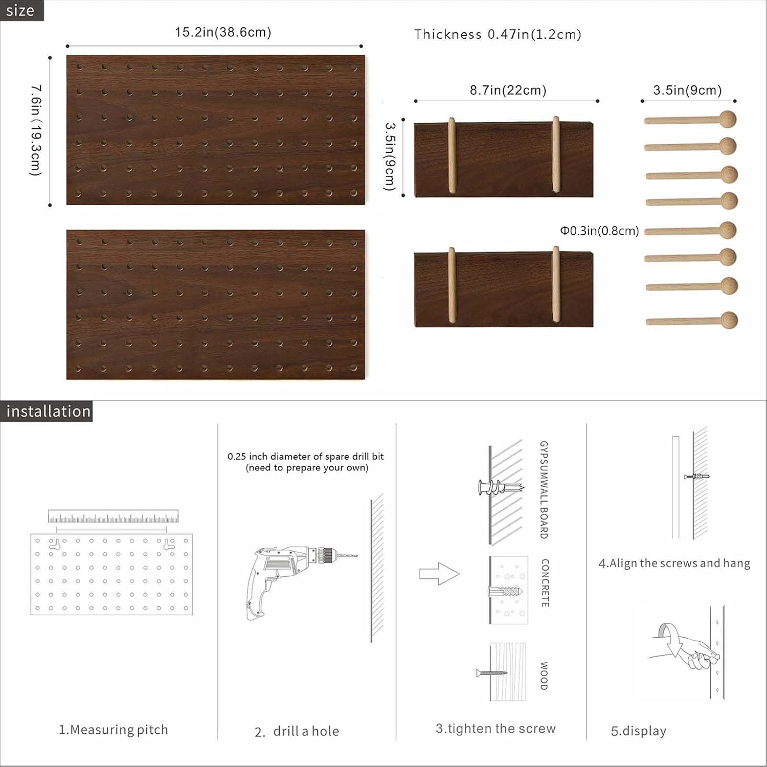 Wooden Pegboard Modular Display Organization Storage Wall Hooks Shelf(Color:Oak)