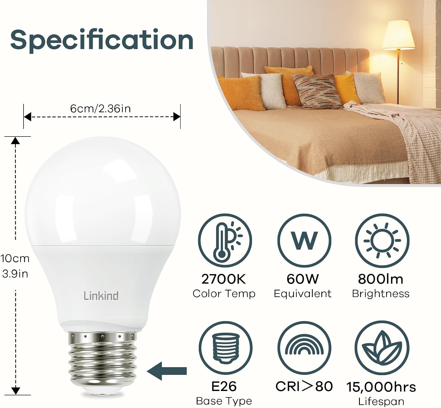Linkind A19 LED Light Bulbs, 100 Watt Equivalent, 2700K Soft White 6 Packs