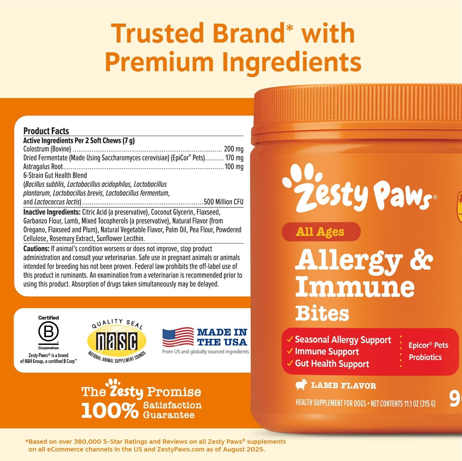 Zesty Paws Allergy Immune Bites - Dog Allergy Chews, Dog Probiotics for Itchy Skin and Ears, Lamb, 90ct
