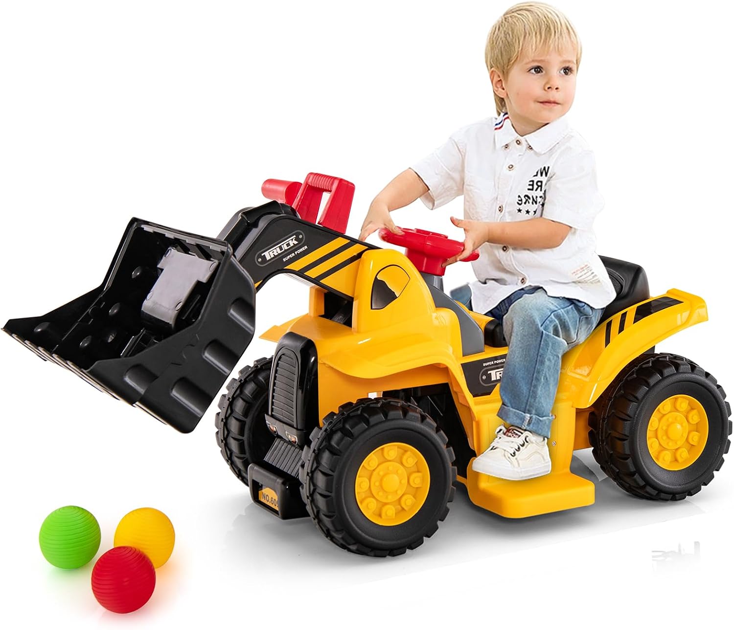 Costzon Ride on Excavator, Ride on Construction Vehicles w/Helmet, 3 Toy Stones, Realistic Sound, Adjustable Bucket & Under Seat Storage, Bulldozer Ride on Toy Gift for Kids Boys & Girls