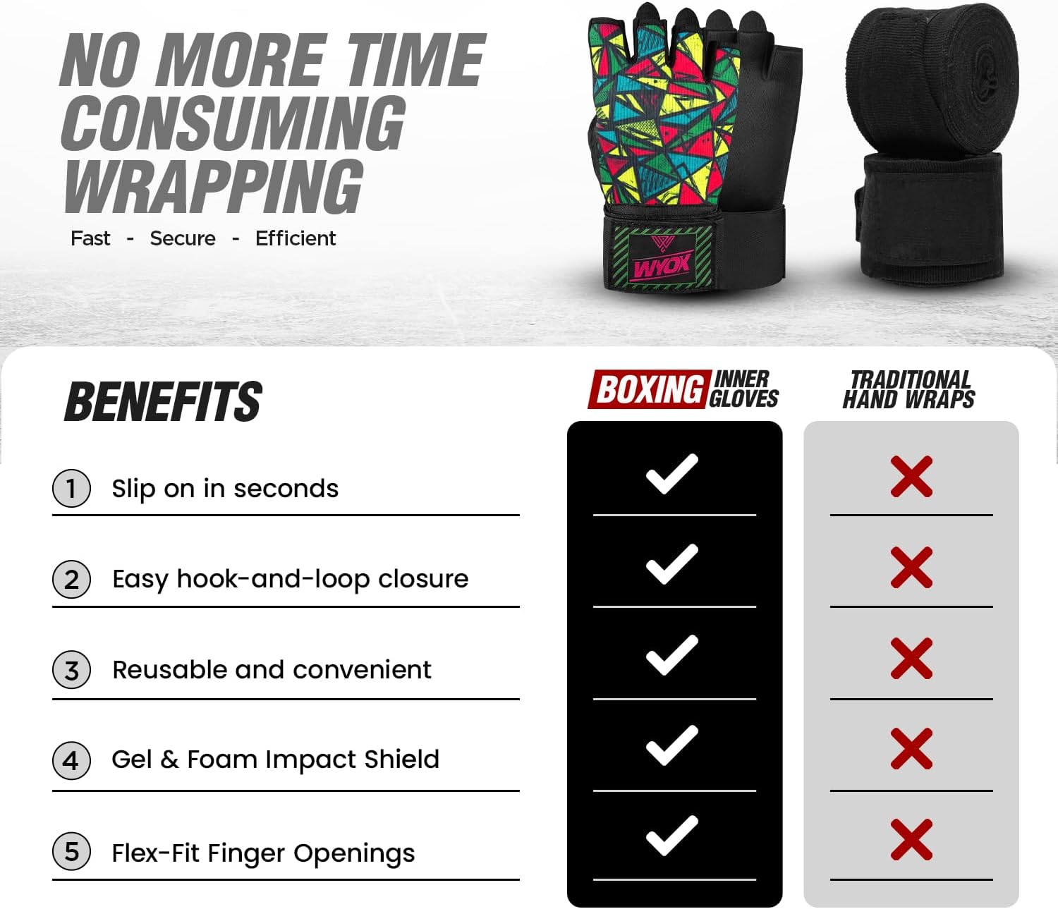 WYOX Neoprene Gel Boxing Hand Wraps Inner Gloves for Men & Women – 80cm/31in Quick Wrist Strap, Padded Knuckle Protection