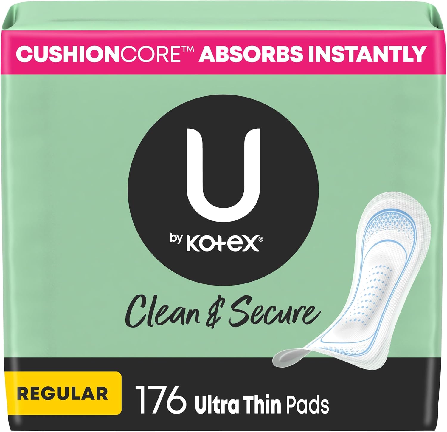 U by Kotex Clean & Secure Ultra Thin Pads, Regular Absorbency, 176 Count (4 Packs of 44) (Packaging May Vary)