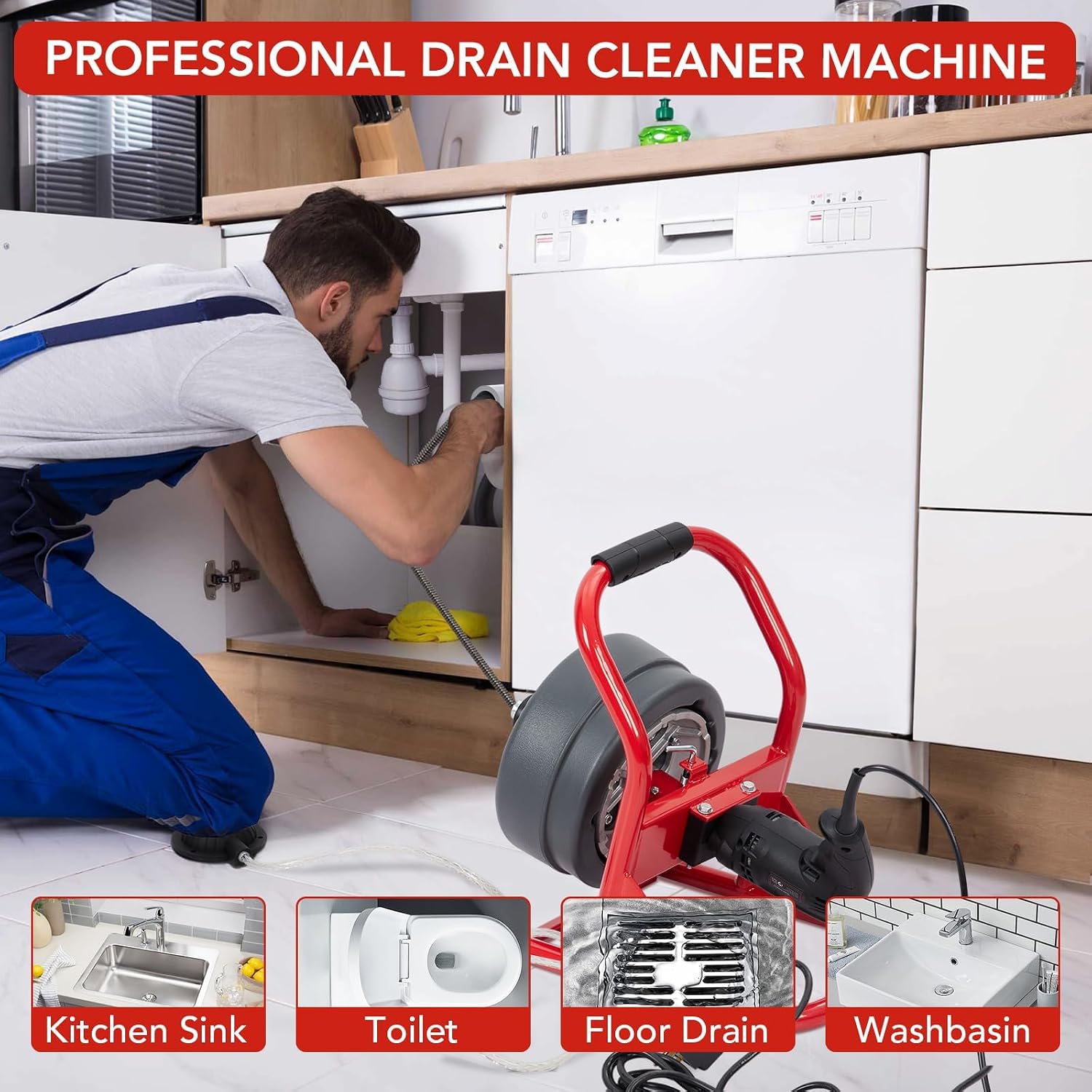 Drain Cleaner Machine 50Ft x 5/16 Inch, Electric Drain Auger with Foot Switch, Sewer Snake for 3/4 to 3 Inch Pipes, Includes 6 Cutters & Gloves