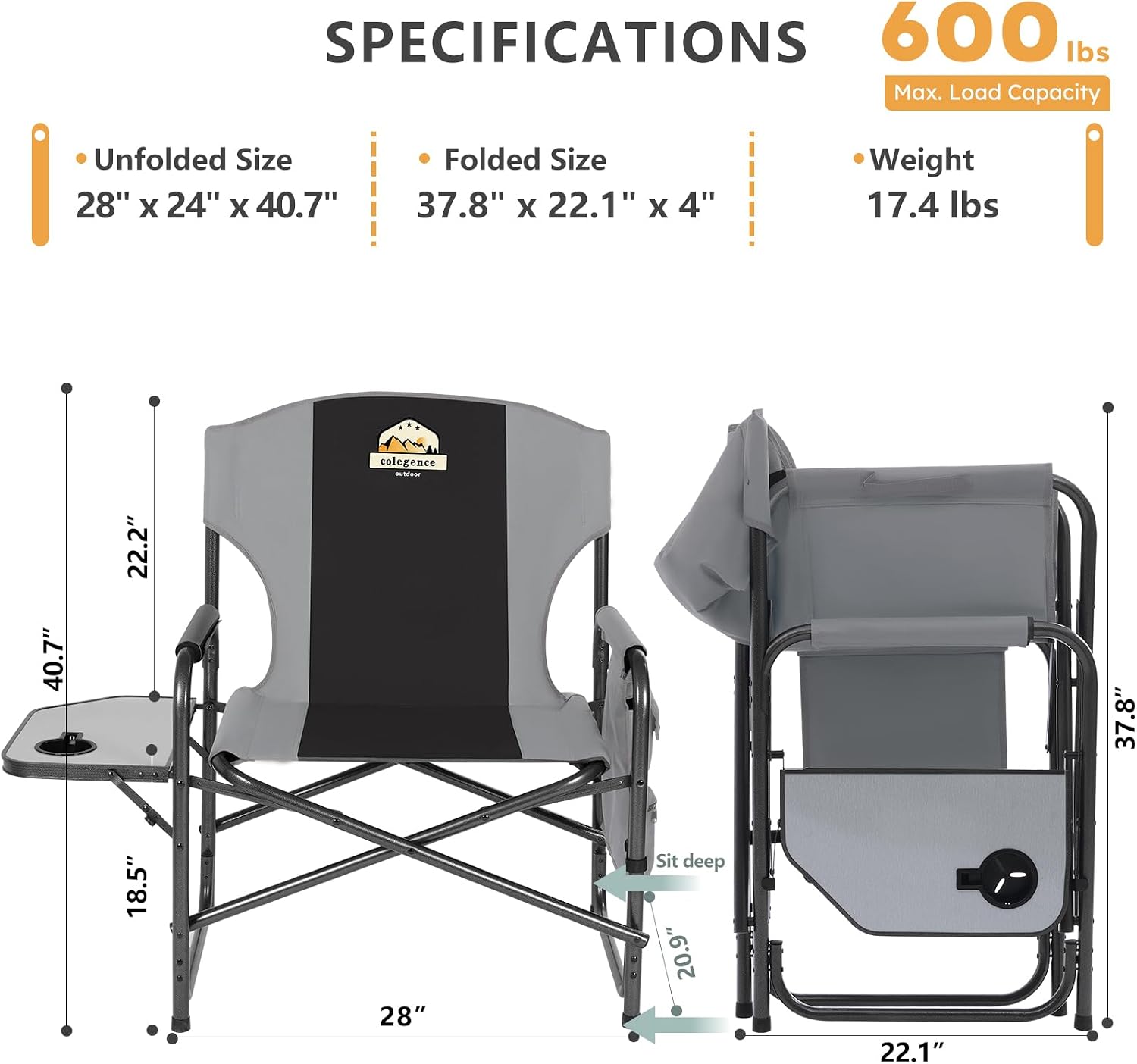 Colegence Oversized Directors Camping Chair for Adults, 600 lb, Black | Heavy duty folding outdoor chair with 28" wide seat, supportive back, side table, cup holder and detachable storage pocket