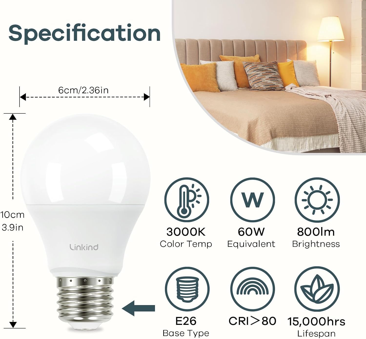 Linkind A19 LED Light Bulbs, 100 Watt Equivalent, 2700K Soft White 6 Packs