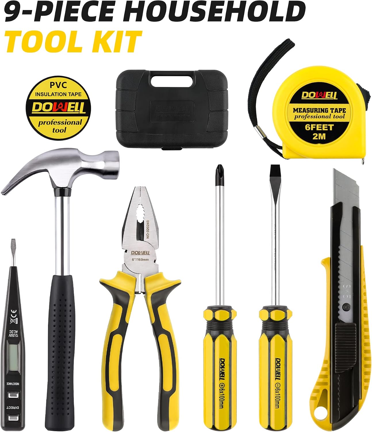 DOWELL Tool Kit, Hand Tool Set with Hammer, 9 Piece | mini tool kit, heat-treated chrome-plated steel, TPR ergonomic handles, blow-molded case, ultra-compact for storage