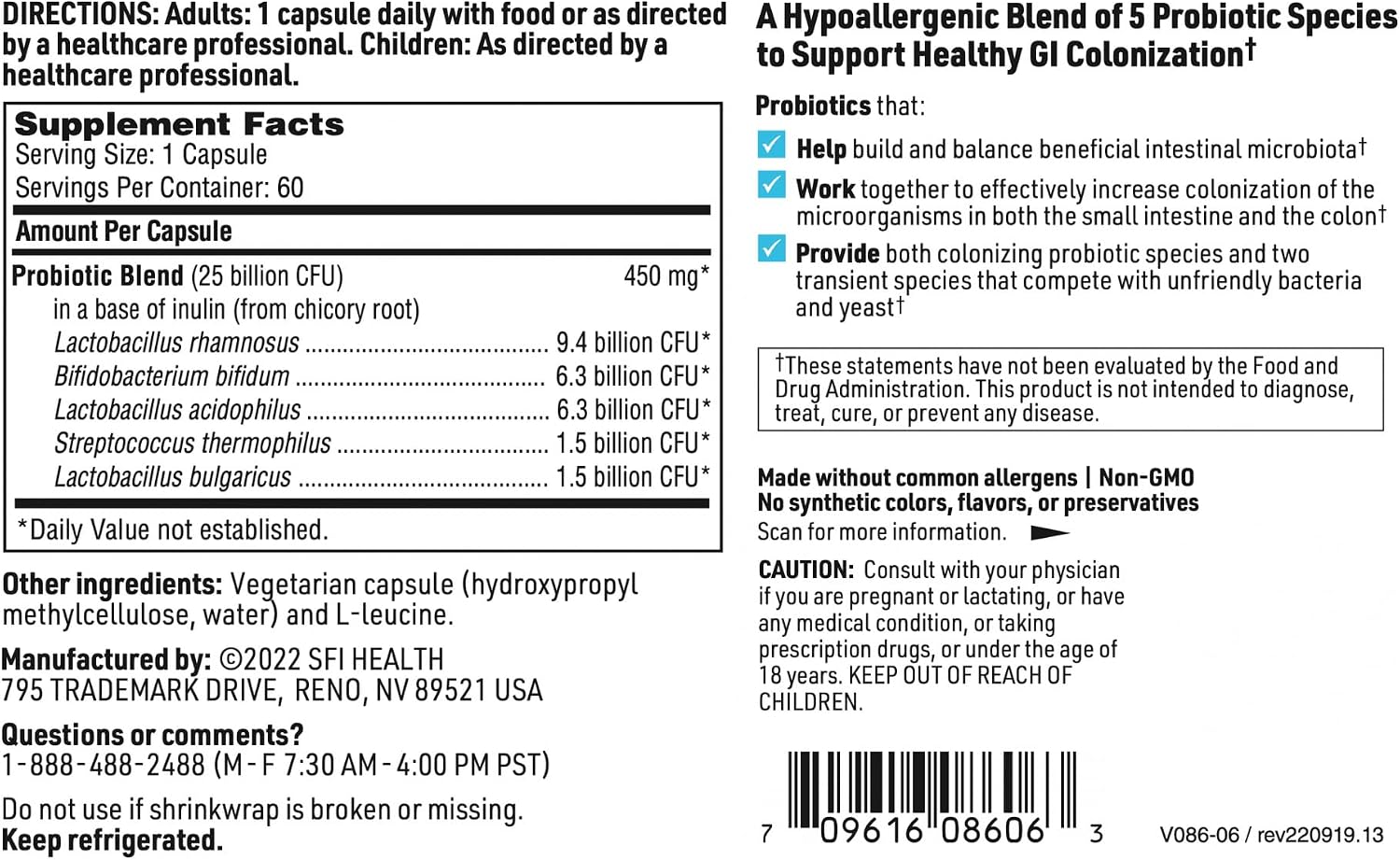 Klaire Labs SFI Health Pro-5 Probiotic, 60 Capsules | 25 Billion CFU High Dose Multispecies Gut Recolonization Support for Men & Women, Hypoallergenic & Dairy-Free