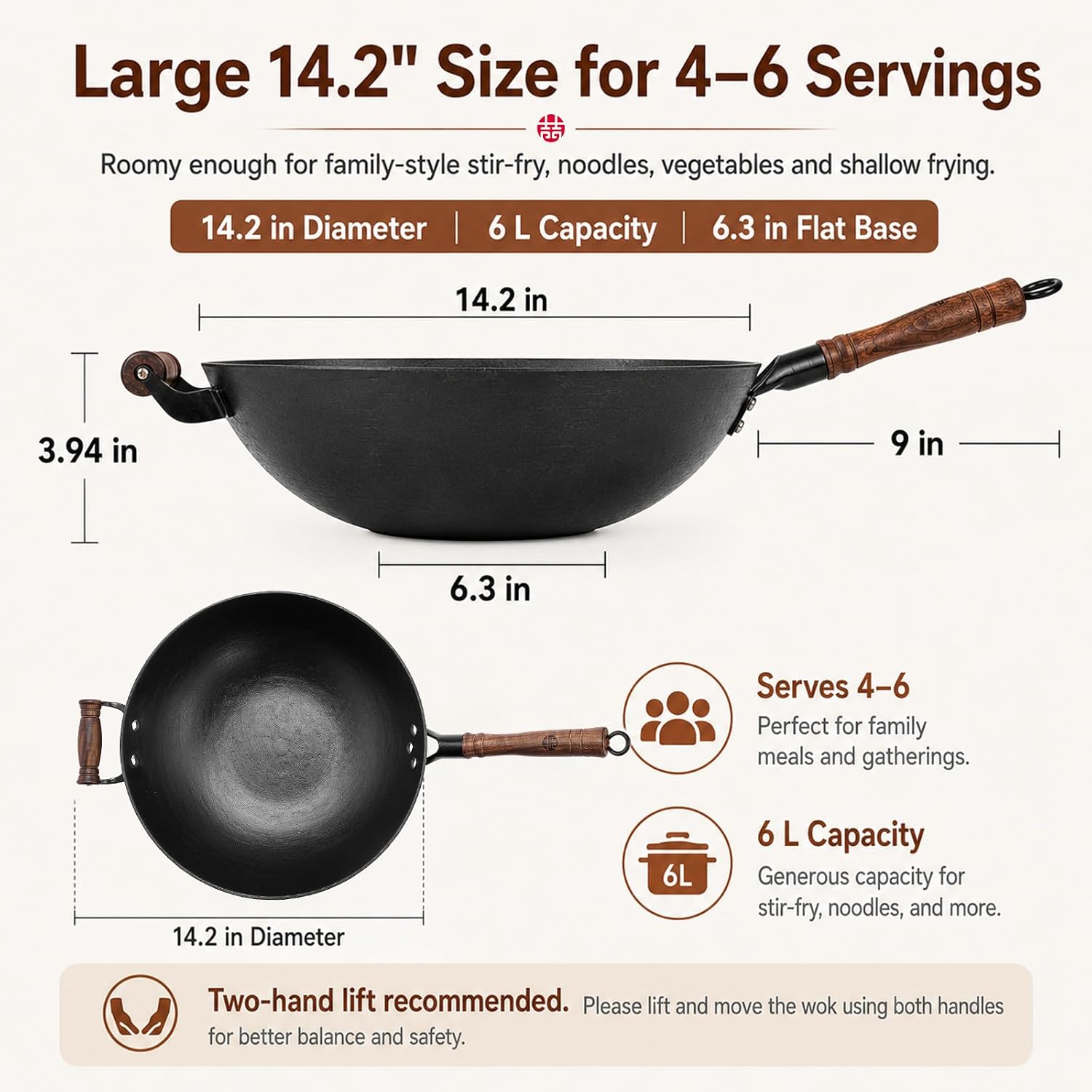 WANGYUANJI 12.6 Inch Cast Iron Wok with Wooden Lid, Handcrafted Flat Bottom Chinese Stir Fry Pan, Uncoated Heavy-Duty Iron Wok for Induction, Gas