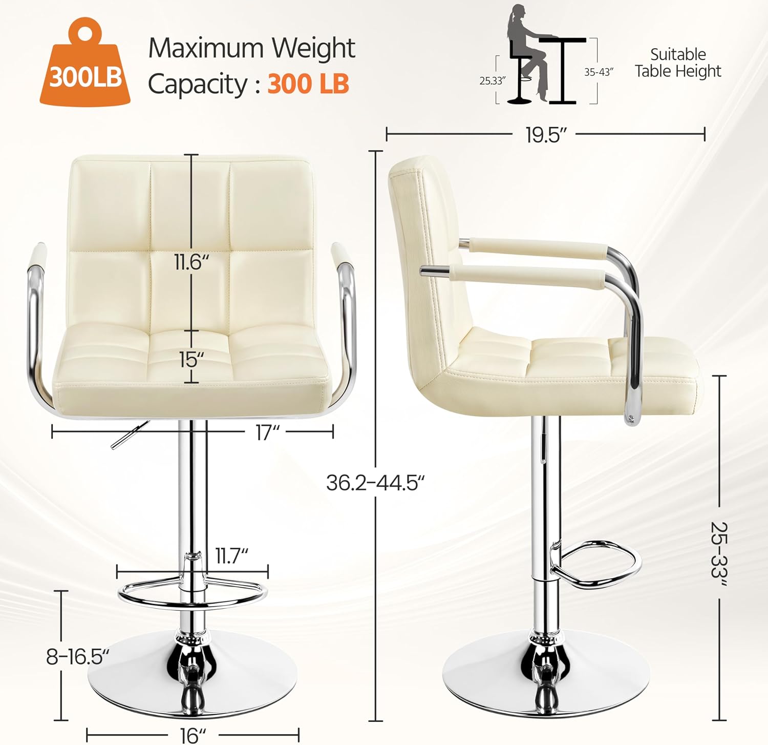 Yaheetech Bar Stools Set of 2, Swivel with Backs, Adjustable Height, White | 360° Swivel Barstools Feature Padded PU Leather Seats, Supportive Backs, 300 lb Capacity for Kitchen Islands