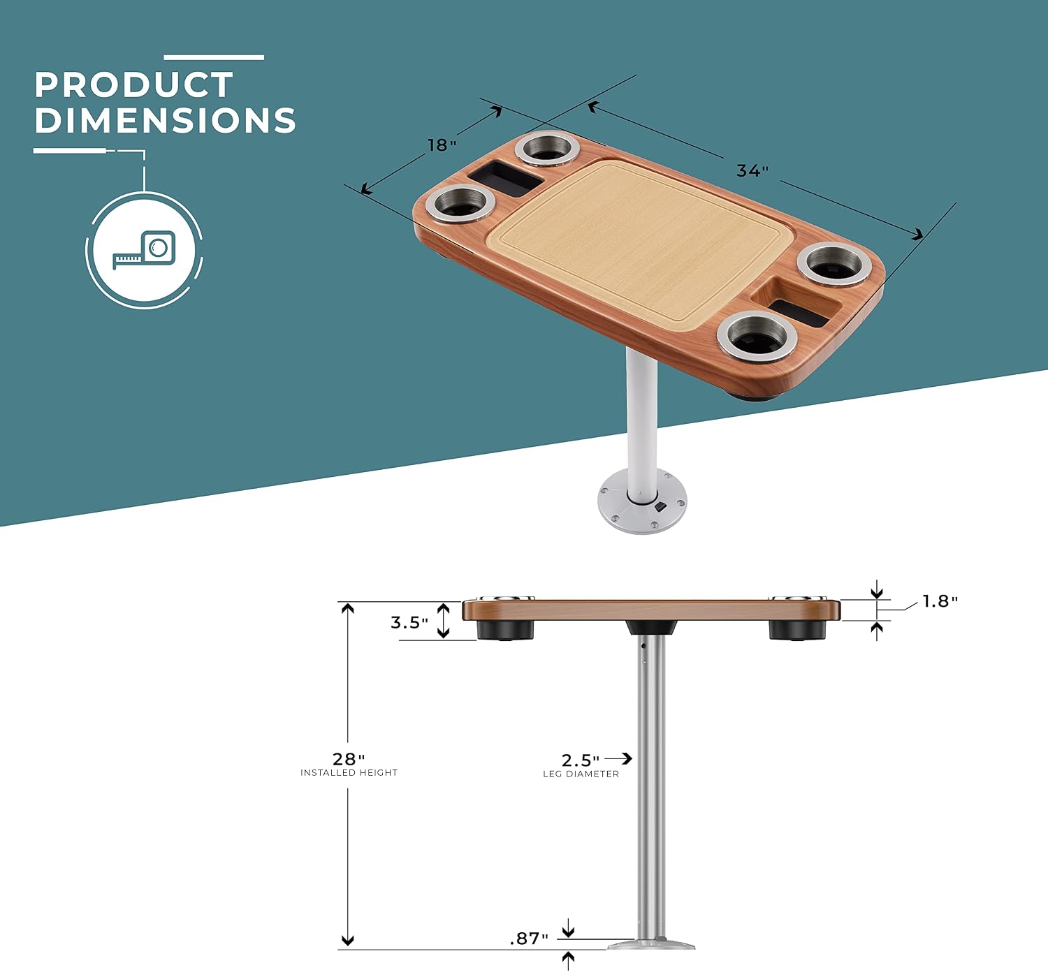 Manufacturers' Select Battery Op Lit Marine Boat Table Leg Set. Large Top with Blue LED Drink Holder. Pontoon Accessories