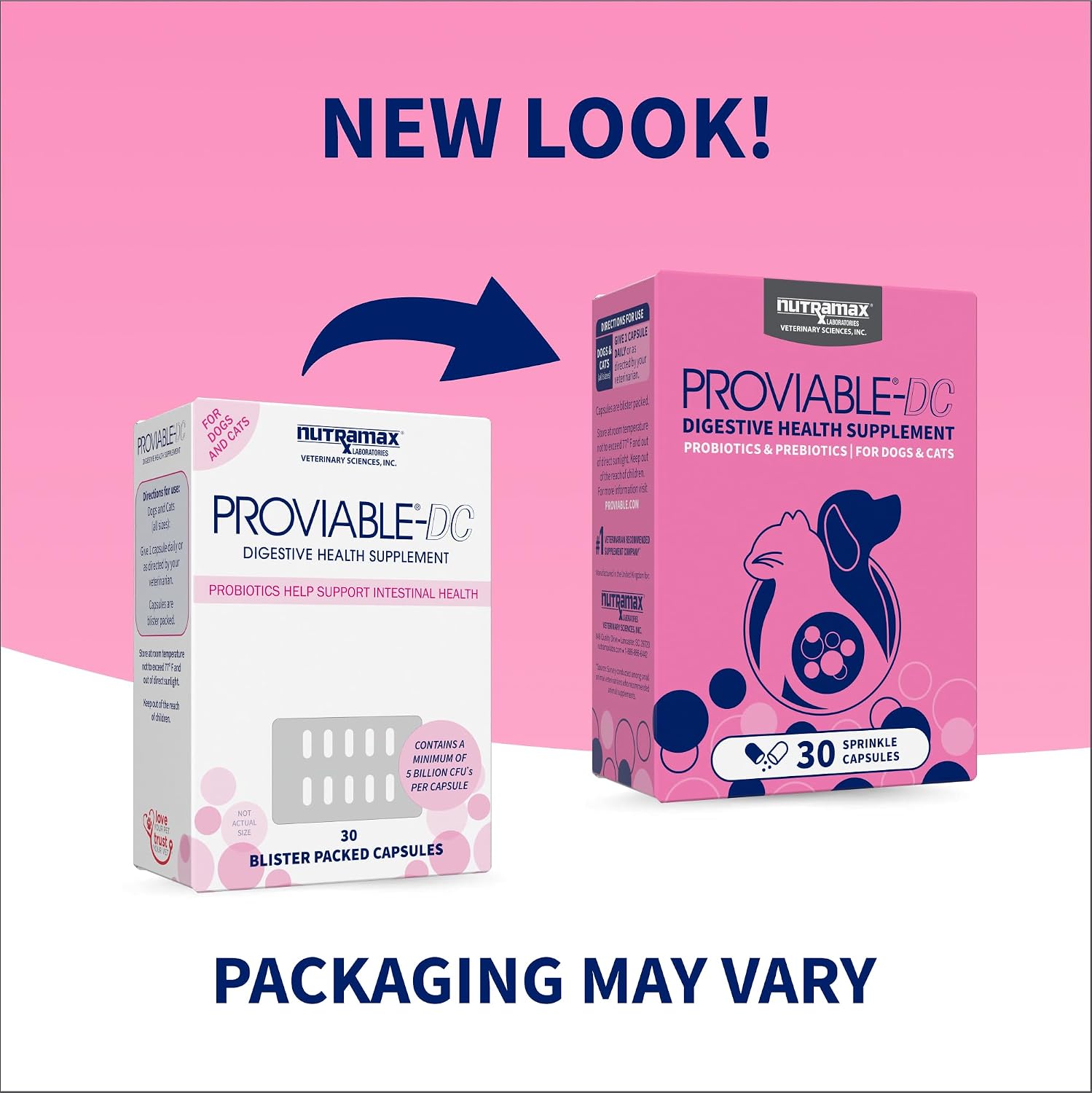 Nutramax Proviable Probiotics + Prebiotics, for Dogs & Cats, Capsules, 80ct | Probiotics and Prebiotics for Cats and Dogs, Daily Gut Health Support Supplement, Multiple Strains, Sprinkle on Food