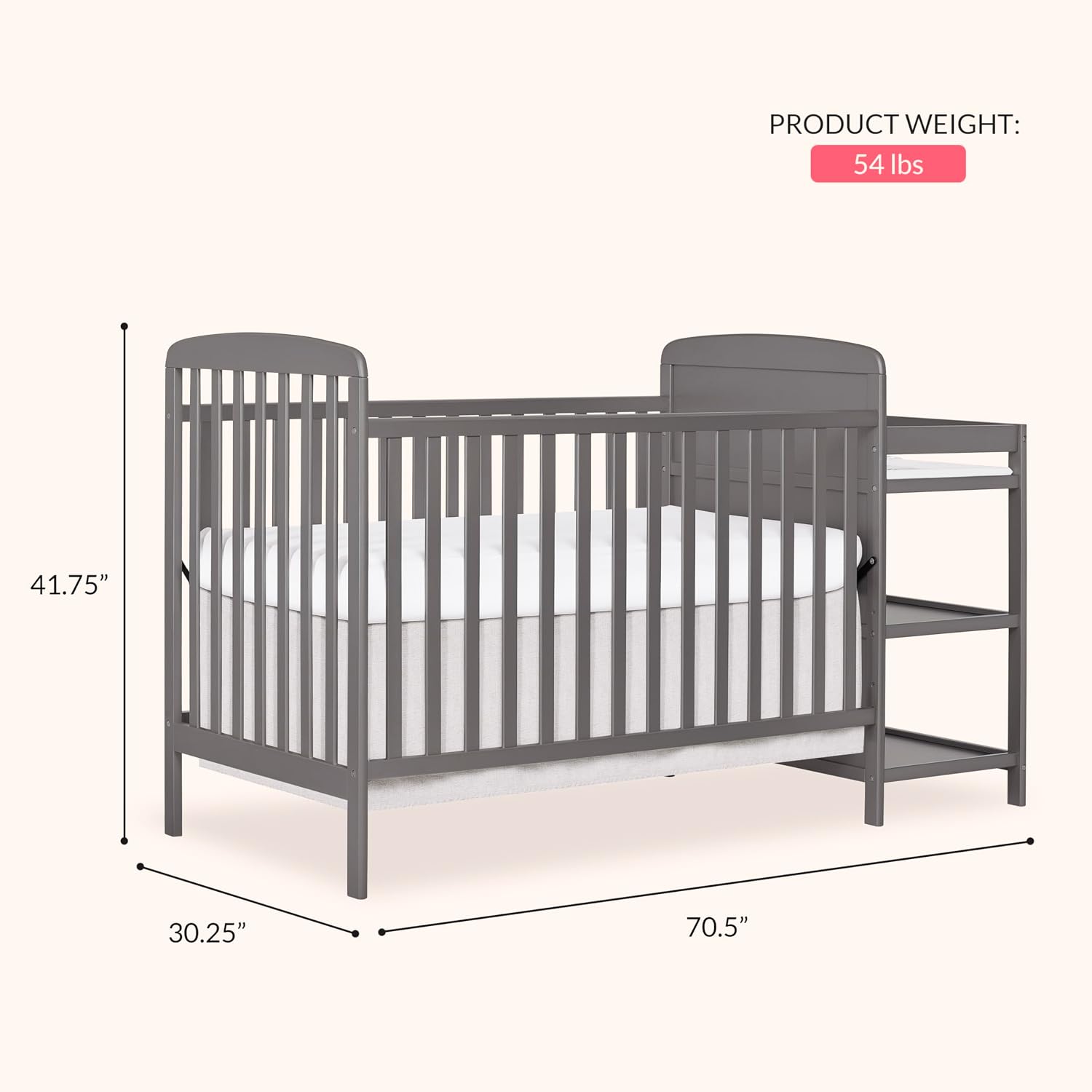 Dream On Me Anna 3-in-1 Convertible Full-Size Baby Crib & Changer with Storage in Steel Grey, GreenGuard Gold & BSA, Pinewood