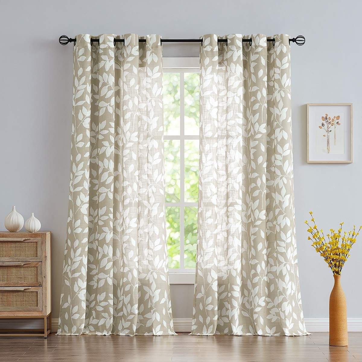 Leaf Semi Sheer Curtains for Bedroom Living Room 52x72" Taupe White Print 2