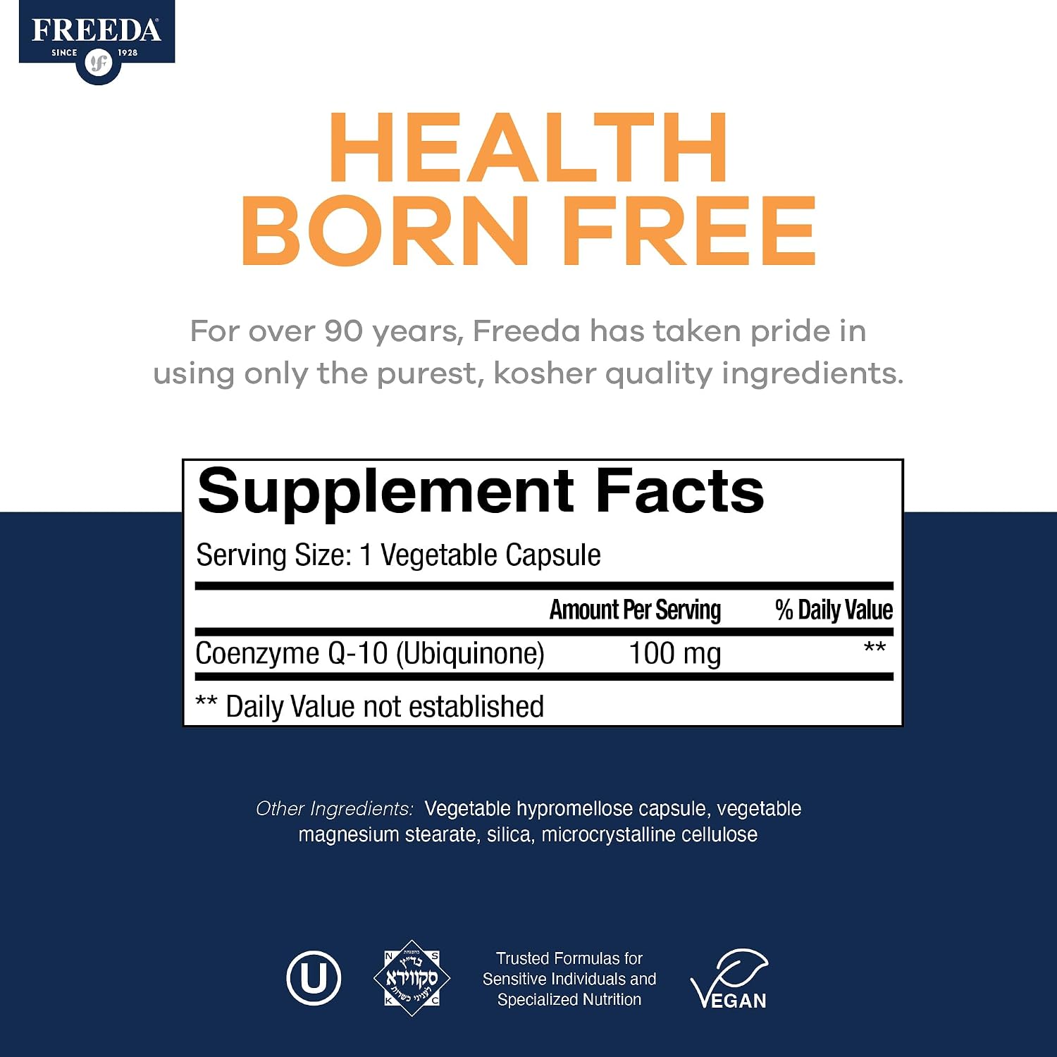 FREEDA CoQ10 100mg - Kosher Coenzyme Q10 Dietary Supplement for Cardiovascular Heart Health, Blood Pressure Support, Oral Gum Health