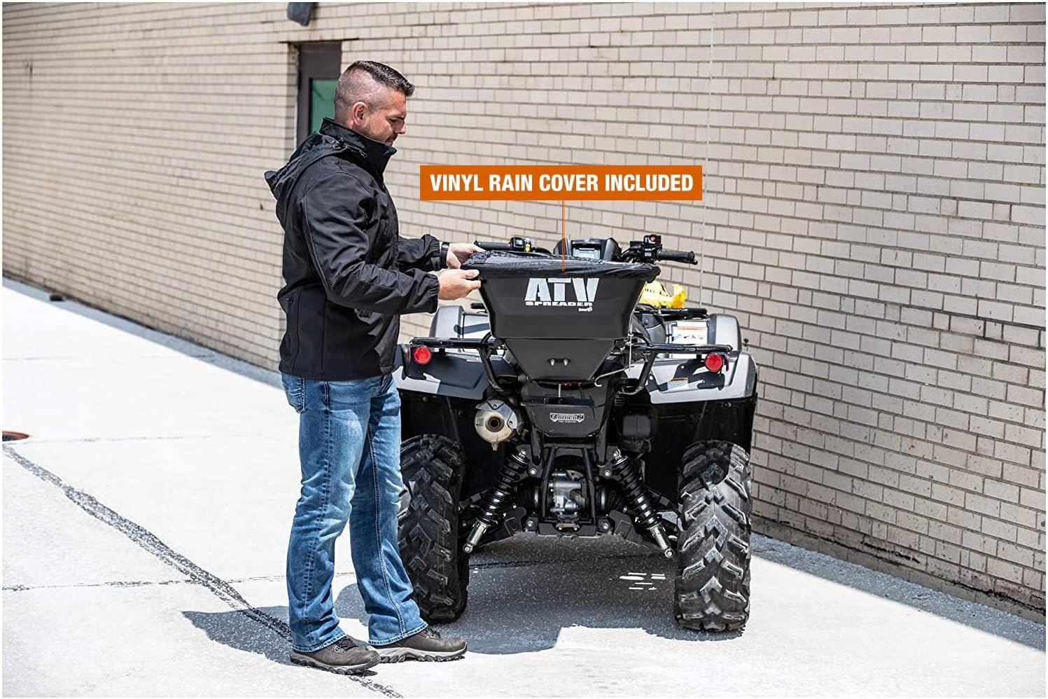 Buyers Products ATVS100 ATV Broadcast Spreader with Rain Cover, 100 lb Capacity, Rear Rack Mount, Poly Hopper, 12V Motor, for Seed, Fertilizer