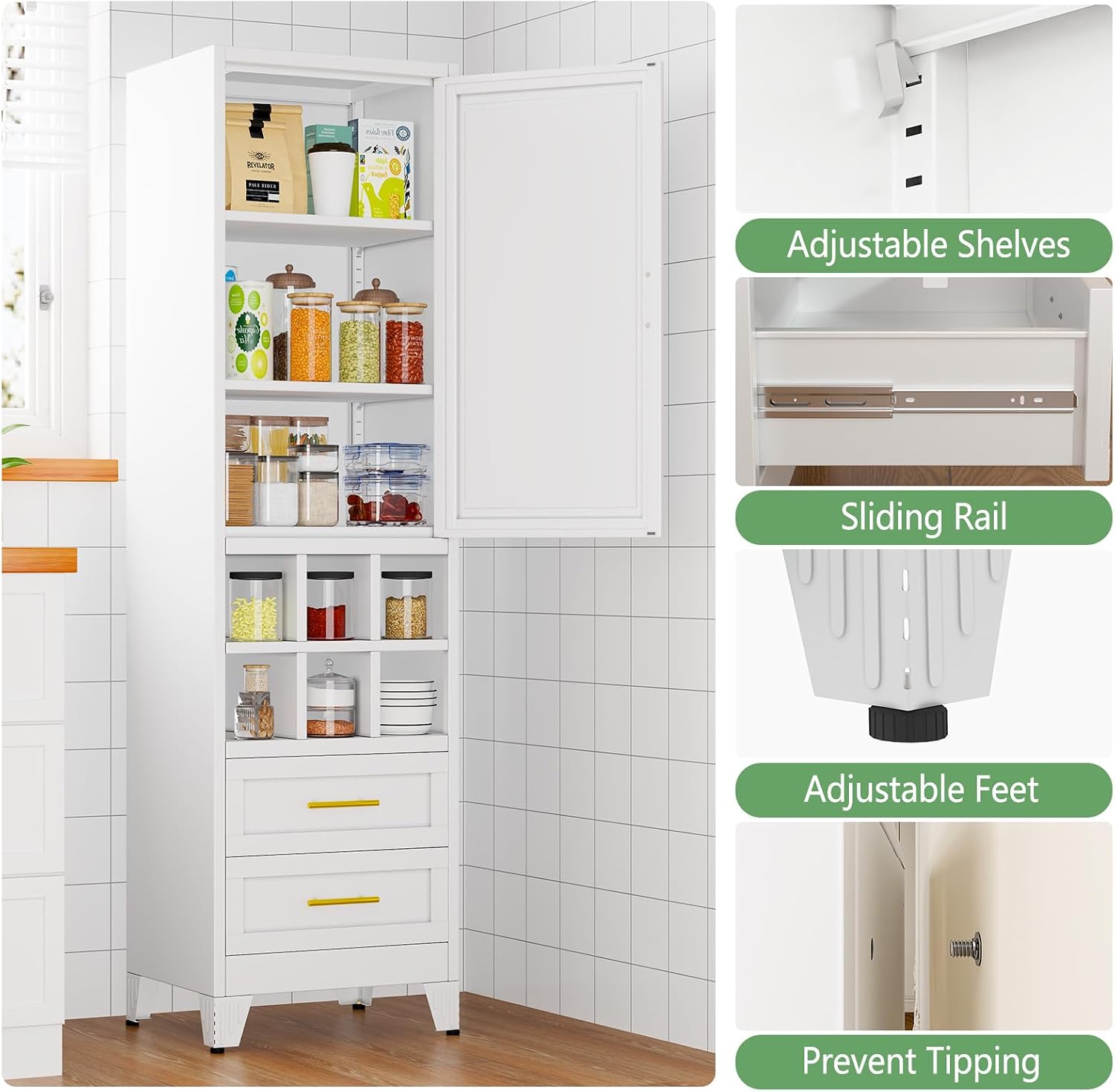 Ckzbx Tall Narrow Storage Cabinet 66.93" H Tall Bathroom Cabinet Metal Pantry Cabinets, 4 Adjustable Shelves for Kitchen, Home Office, Living Room, Dinning Room (20 inches Wide White)