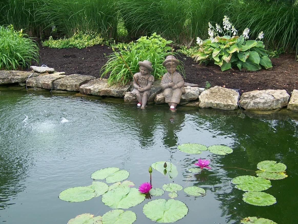 Fishing Boy & Girl Cast Stone Statues - Sculptures - Classic Iron Finish - Great Garden Gift Idea!