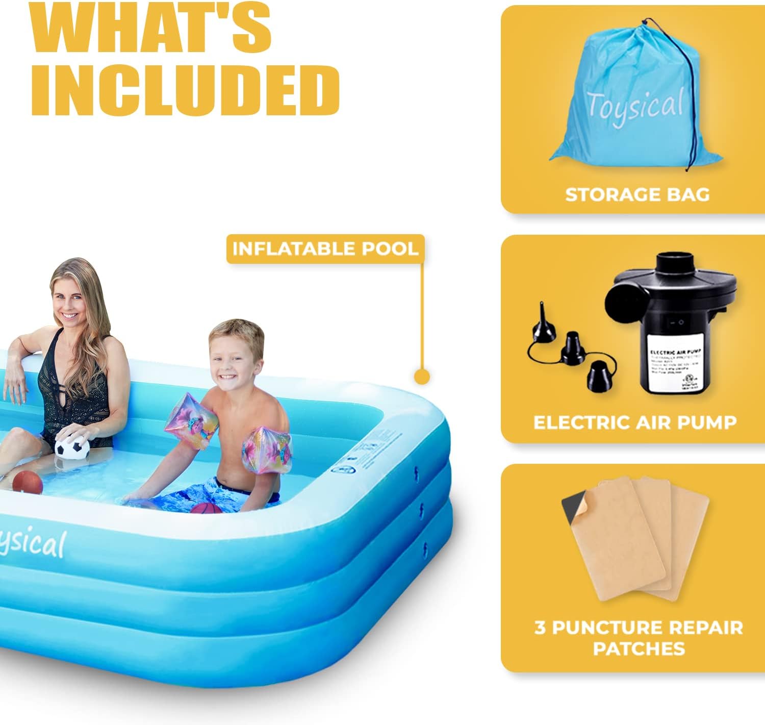 Toysical Inflatable Pool for Kids and Adults with Pump - 118 x 72 x 22 - More Durable Than Other Blow up Pools for Adults - Includes Patches
