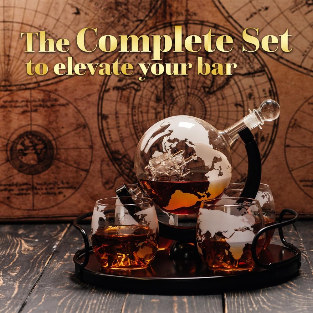 Kemstood Whiskey Decanter Sets for Men - Etched World Globe Design with Wood Stand & 2 Glass - Ideal for Dignified Drinking, Home Decor - Unique Whiskey Gifts for Men - 28 oz / 850 ml Capacity