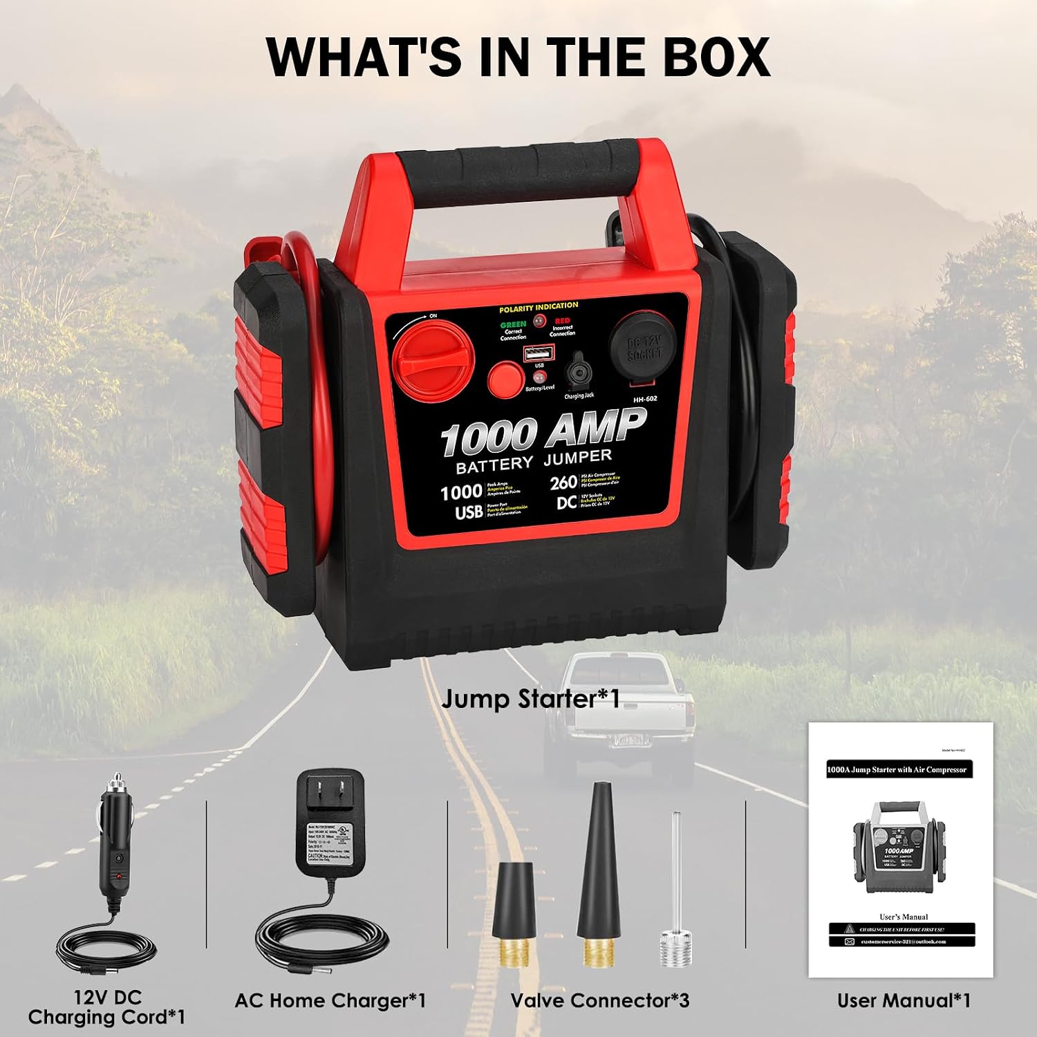 Car Battery Jump Starter-1000Amp 12V Lead-Acid Battery Jump Box with 260PSI Air Compressor, 10000 mAh Portable Power Station