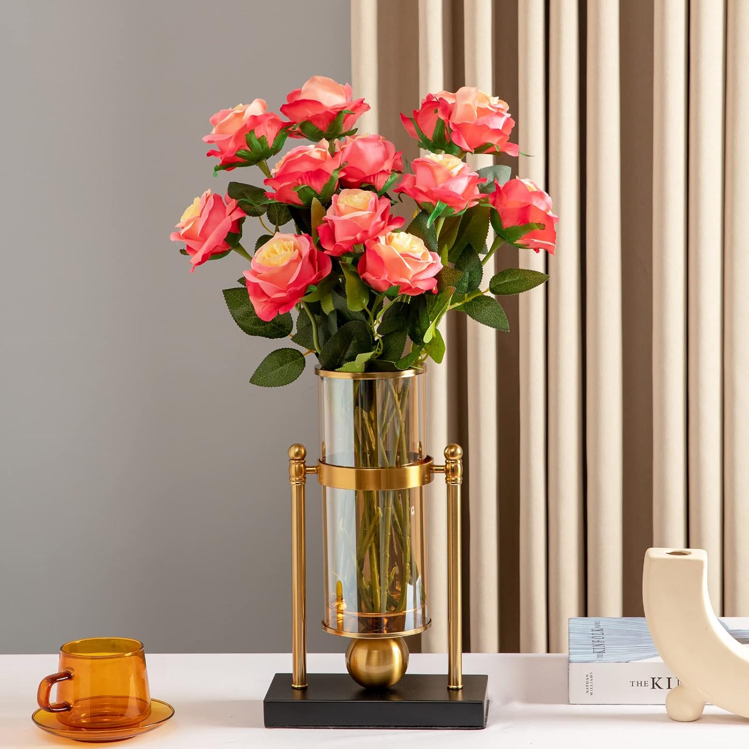 Hawesome 12PCS Artificial Silk Flowers Realistic Roses Bouquet Long Stem for Home Wedding Decoration Party (Yellow, 6 Flowers 6 Buds)