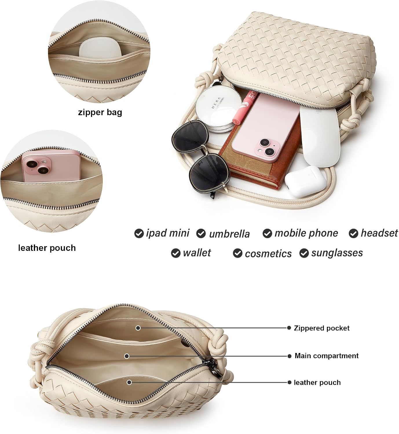 Woven Crossbody Bag for Women: Vegan Leather Handbag for Leisure | Classic Handwoven Bag For Style - Compact Design, Lightweight, Minimalist Style, Fits Phone, Cards & Key, Ideal for Daily Use