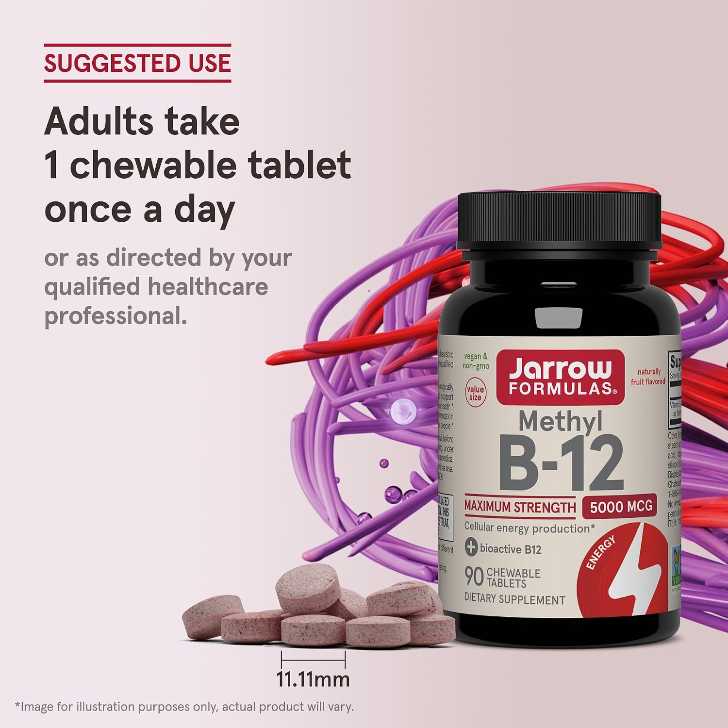 Jarrow Formulas Methyl Vitamin B12 5000 mcg - 60 Chewable Tablets, Naturally Fruit Flavored- Bioactive B12 Vitamin - Supports Cellular Energy Production, Brain Health & Metabolism - 60 Servings | Fruit Flavored, Bioactive B12 Vitamin, Supports Cellular E…