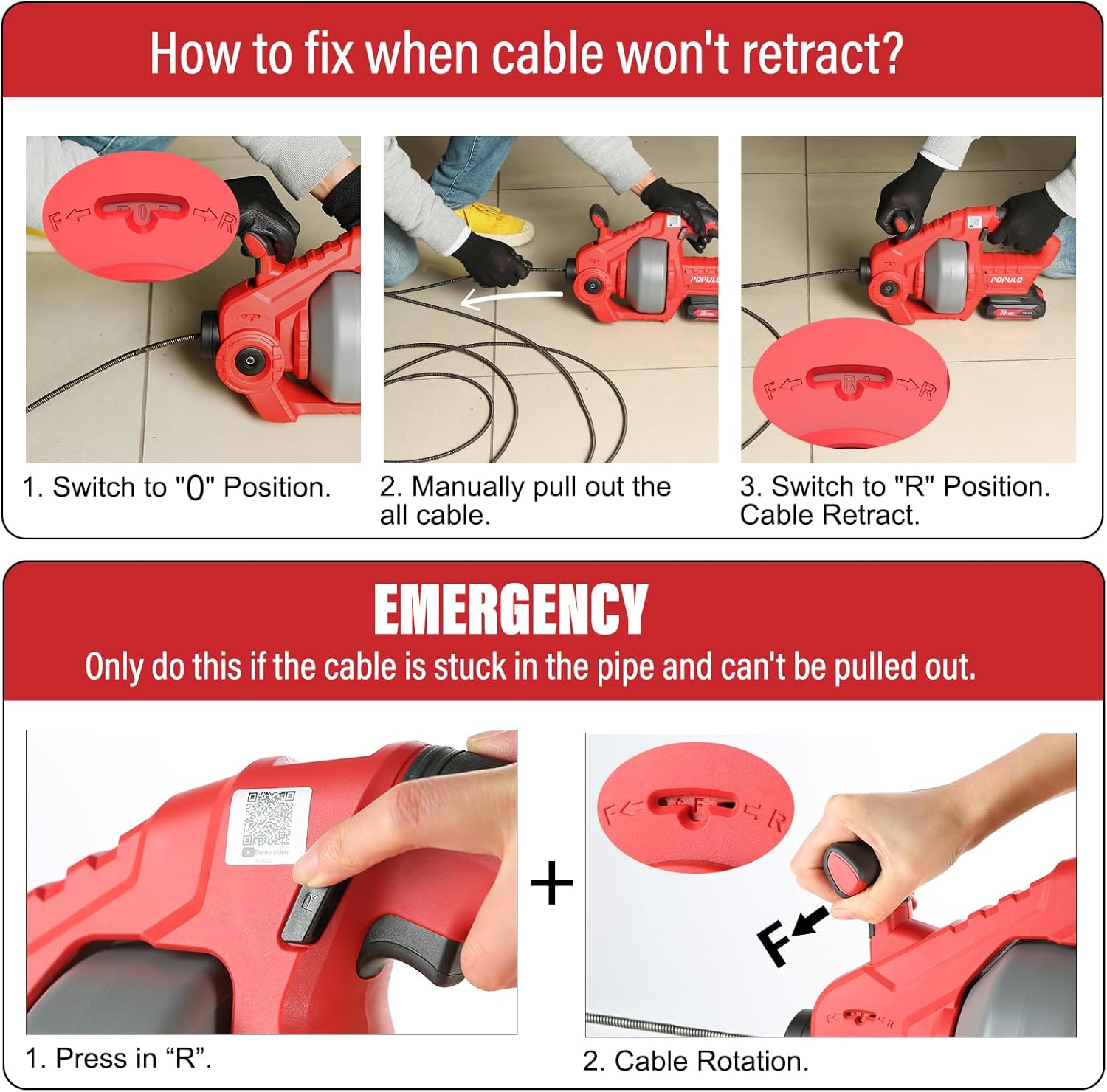 POPULO 20V Cordless Electric Drain Snake, 25Ft Replaceable Cable with 2.0Ah Battery, Extension Tube & Charger