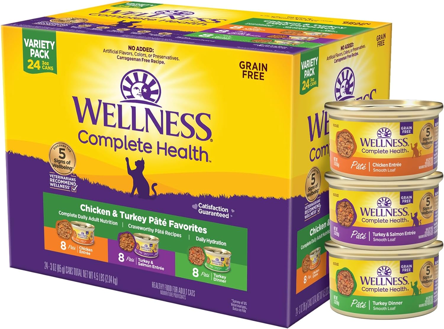 Wellness Complete Health Pate Variety Pack Adult Canned Wet Cat Food, Natural, Protein Rich, Grain Free, Chicken and Turkey Favorites, 3 oz