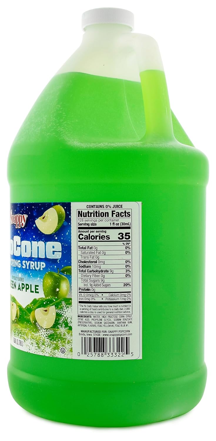 Snappy Green Apple Sno Cone Syrup, 1 Gallon (128 oz), Ready to Use for Snow Cone Machines and Shaved Ice