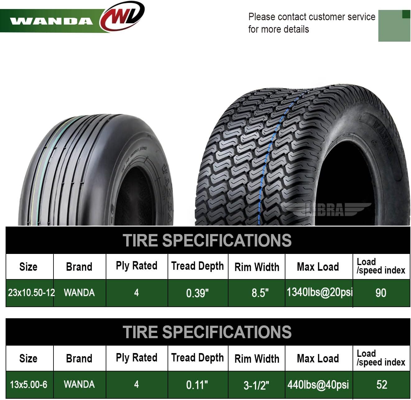 WANDA Set 4 Lawn Mower Turf Tires 16x6.5-8 & 23x10.5-12 /4PR -13019/13049 | Riding Lawn Mover, Garden Tractor