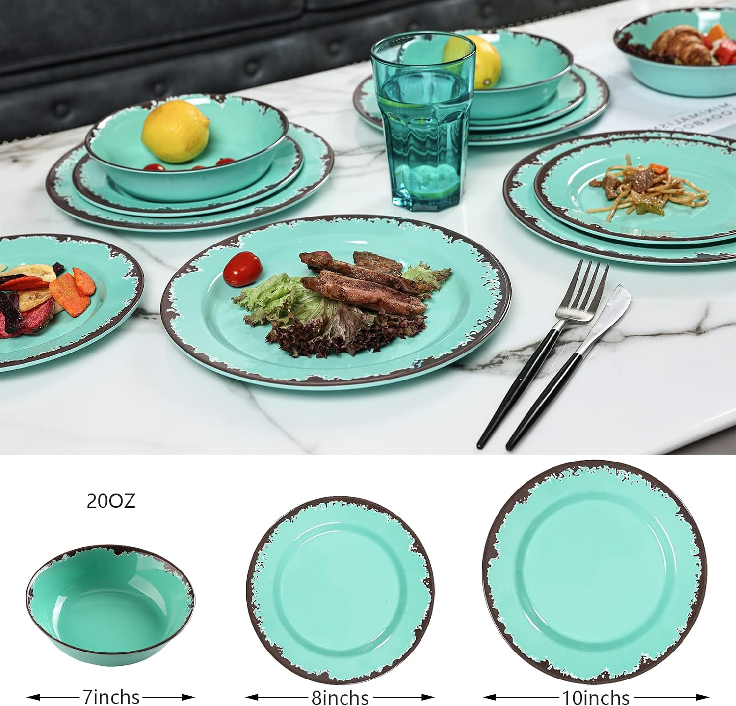 Rustic Melamine Dinnerware Set,12-Piece Plates and Bowls Sets,Yinshine Unbreakable Melamine Dish Set,Lightweight,Service for 4,Dishwasher Safe,Green