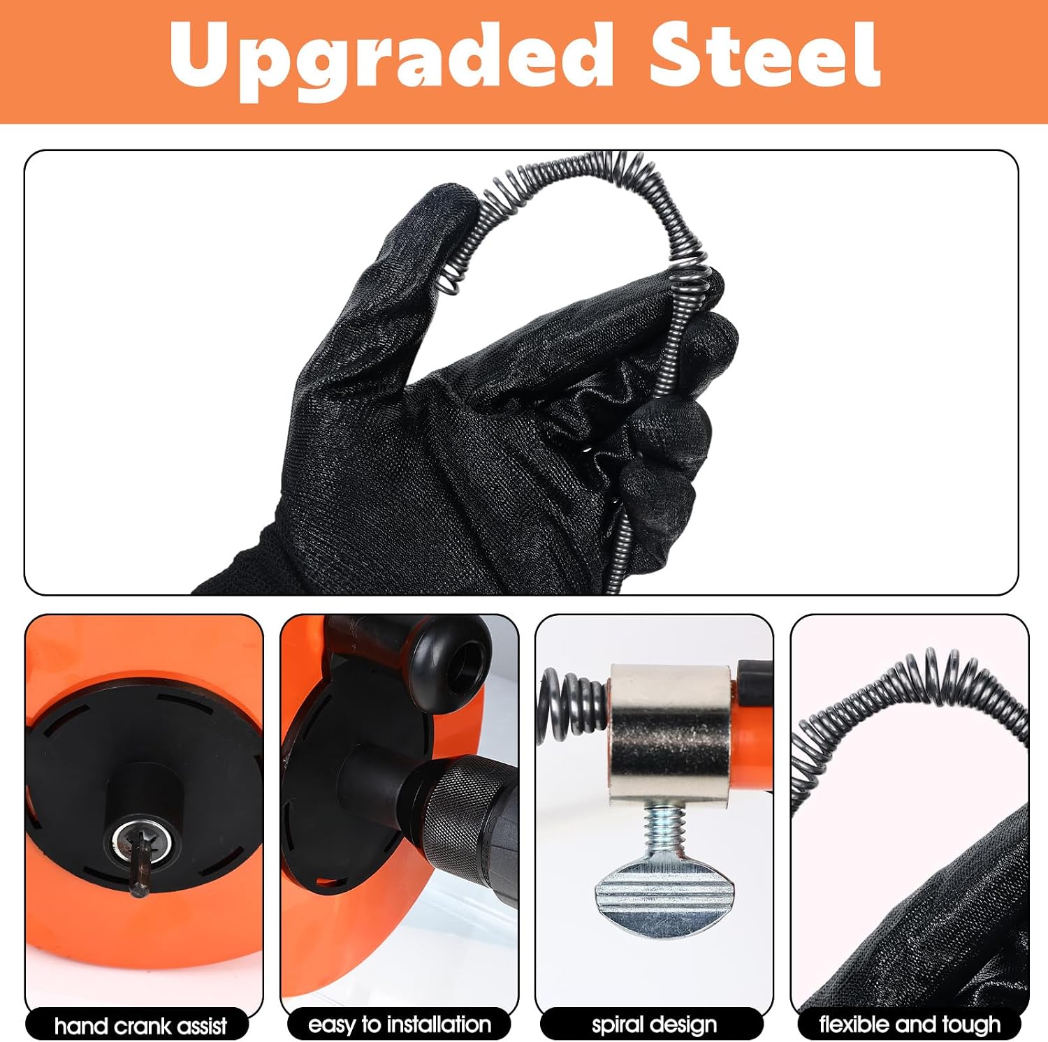 50 Ft Drain Auger,Use Manually or Drill Powered 50 Foot Drain Snake,Heavy Duty Flexible Plumbing Snake,With Gloves and Storage Bag for Kitchen Sink, Shower Drain (50FT, Orange)