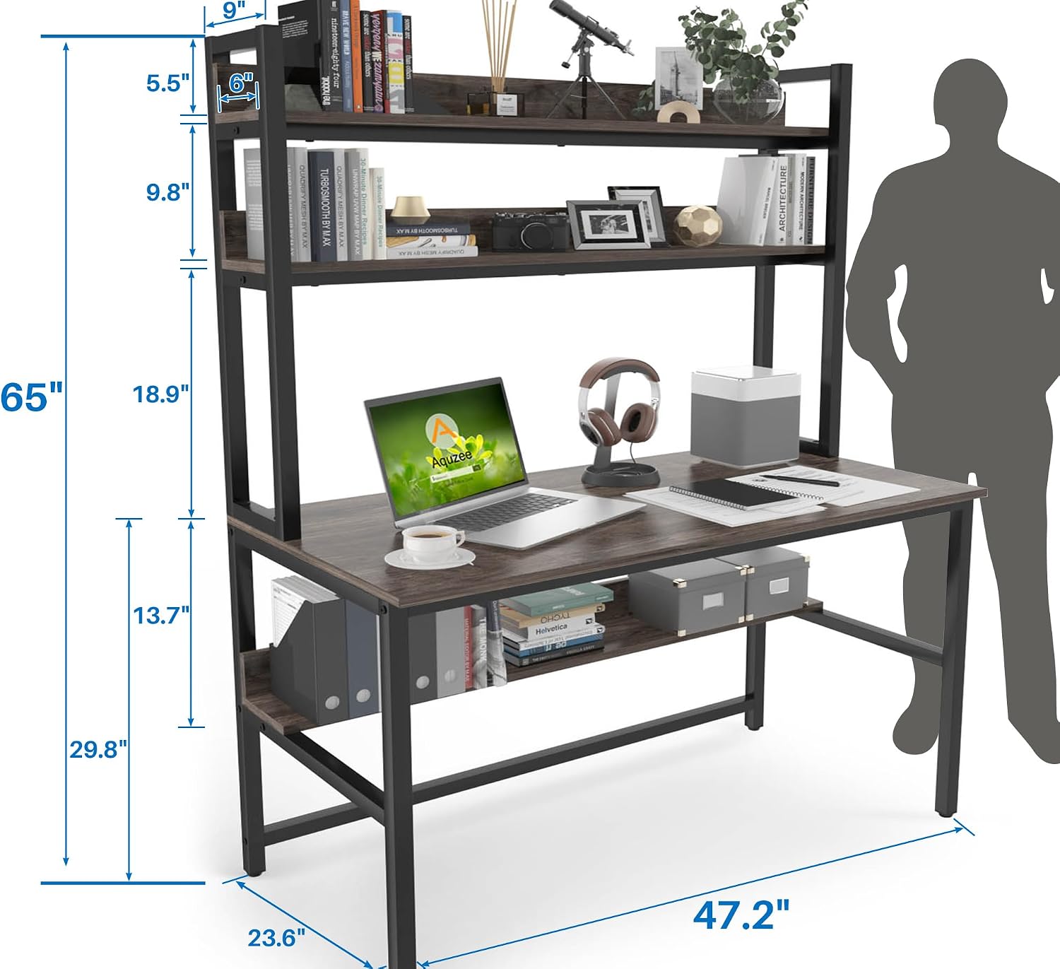Aquzee Computer Desk with Shelves, 47" W x 23.6" D Gaming Desk with Hutch and Bookshelf