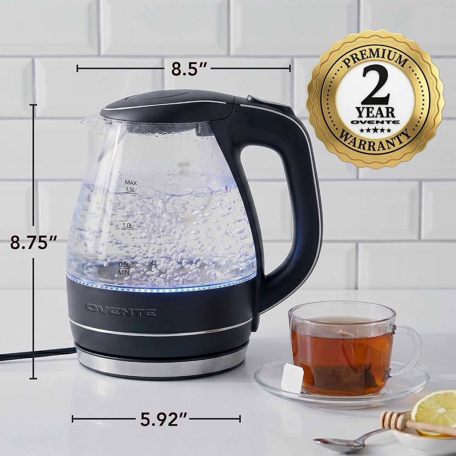 OVENTE 1.5L Glass Electric Kettle Water Boiler, Black KG83B | 1100W Fast Boiling, Borosilicate Glass, BPA-Free, Blue LED, Auto Shut-Off, Boil-Dry Protection, Removable Filter, 360° Base