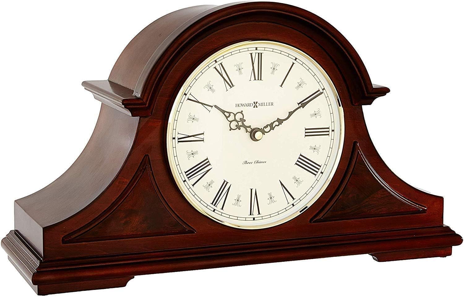 Howard Miller Burton II Mantel Clock – Windsor Finish, Triple-Chime Quartz Movement, Roman Numerals, Volume Control, Nighttime Shutoff