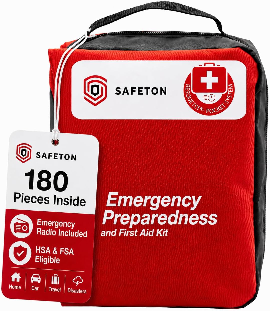 Safeton 180-Piece First Aid Kit, Portable Emergency Preparedness Medical Supply Bag for Home, Car, Travel, Camping, Hiking and Outdoor Activities