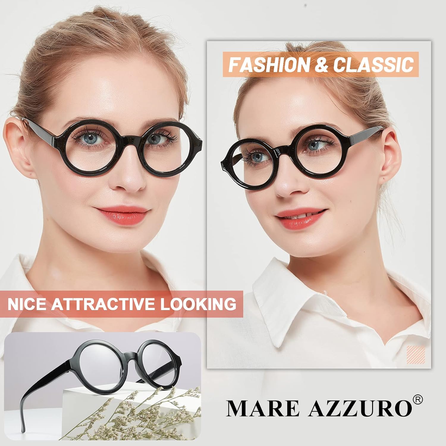 MARE AZZURO Round Reading Glasses 2.5 Women Stylish Readers 0 1.00 1.25 1.50 1.75 2.00 2.25 2.50 2.75 3.00 3.50 4.00 5.00 6.00 (Black 250)