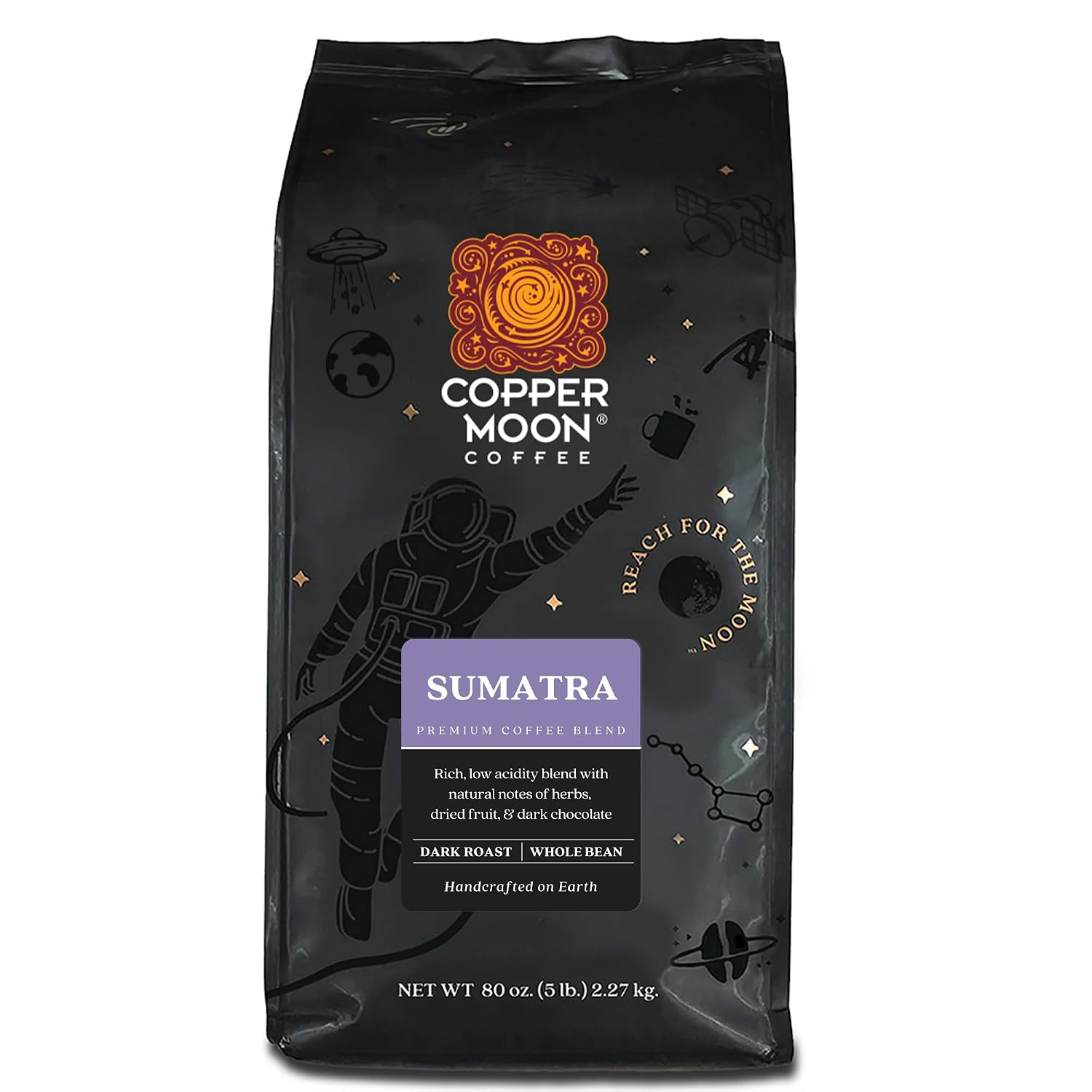 Copper Moon Whole Bean Coffee, Dark Roast, Sumatra, 2 lb | 2 Pound Bag, Vegan, Allergen Free, Non-GMO, Kosher, Vegetarian, Small Batch Roasted