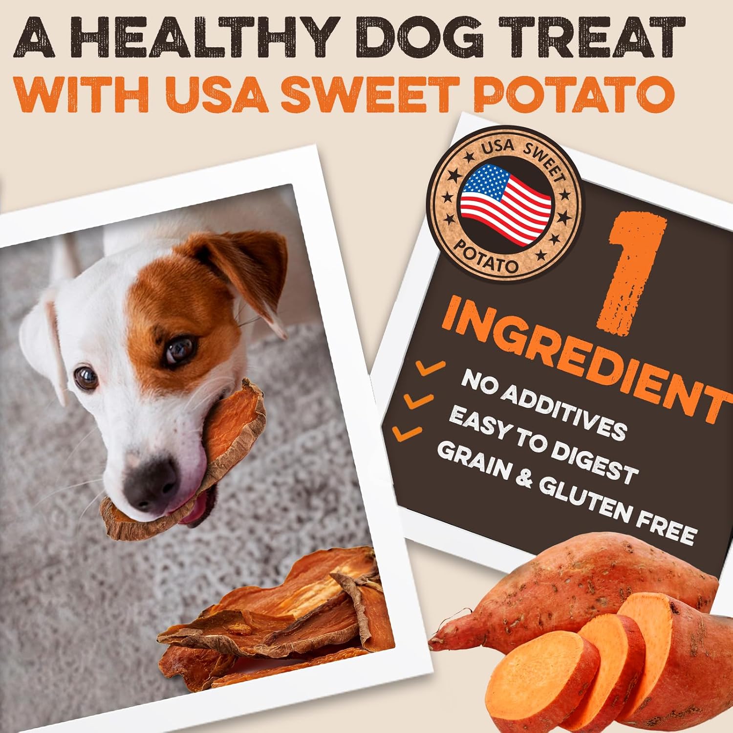 BRUTUS & BARNABY Dried Sweet Potato Dog Treats & Chews, Full Slices, 14 oz | Single ingredient, healthy, hypoallergenic; gentle on sensitive stomachs. Made in USA, thick cut for large breeds