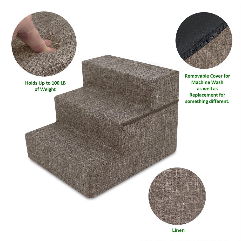 Best Pet Supplies Non-Slip Foam Dog Stair & Pet Ramp, Balanced Indoor Step Support - Foldable Stair, Ash Gray Linen,3-Step