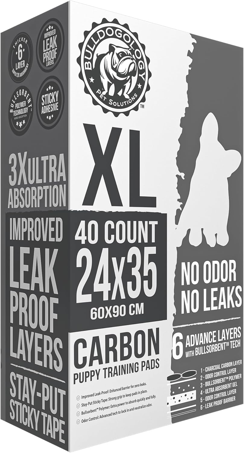 Bulldoglogy 50-Count Carbon Black Dog Pads Puppy Training Pads with Adhesive Tape 24x24 - Large Charcoal Puppy Pads Dog Training Wee Pads, Odor Control Thick Pee Pads for Dogs Extra Quick Dry