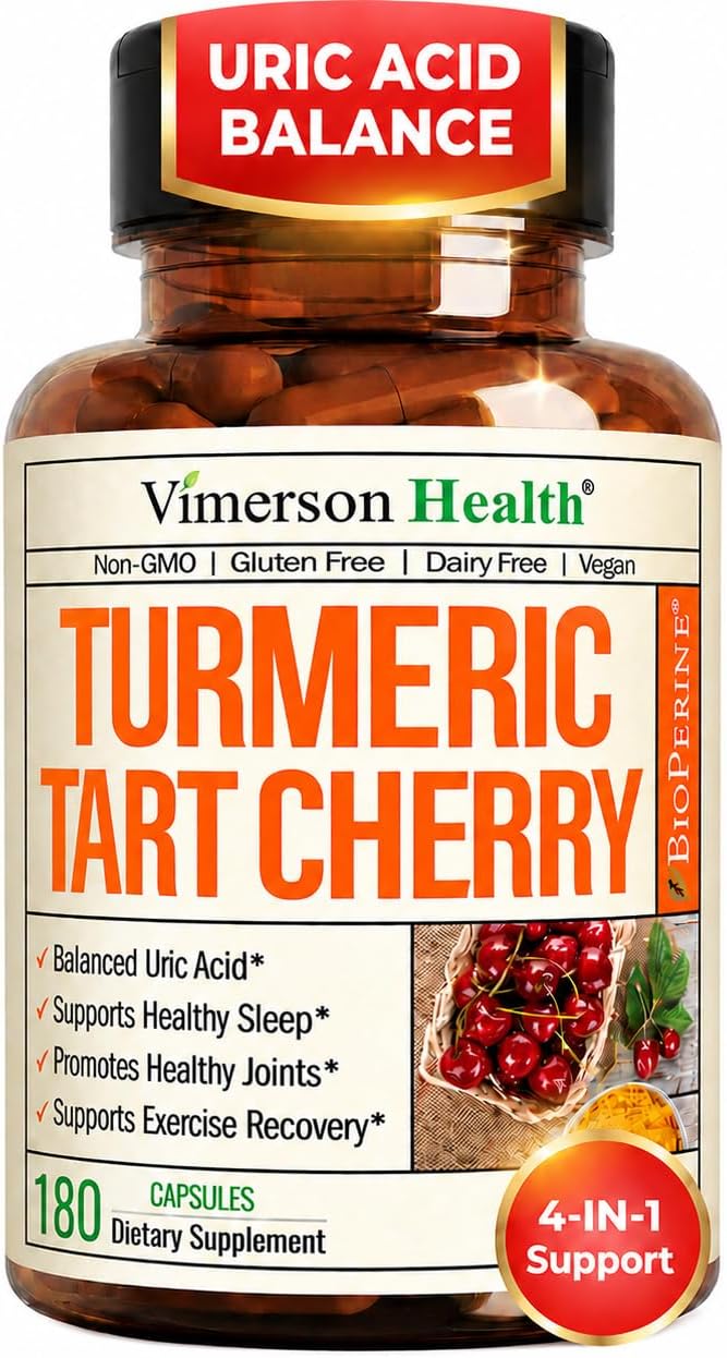 Tart Cherry Capsules – 4-in-1 Turmeric Tart Cherry Supplement for Uric Acid Balance & Joint Health – 10:1 Tart Cherry Extract Capsules with Celery Seed, Turmeric Curcumin & Black Pepper – 60 Count