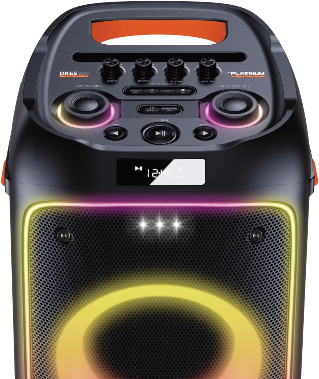 The platiunm DK65 Party Speaker Karaoke Systems for Adults with 2 Wireless Microphone, Bass and Treble Adjustment, with LED Lights, 23K Songs