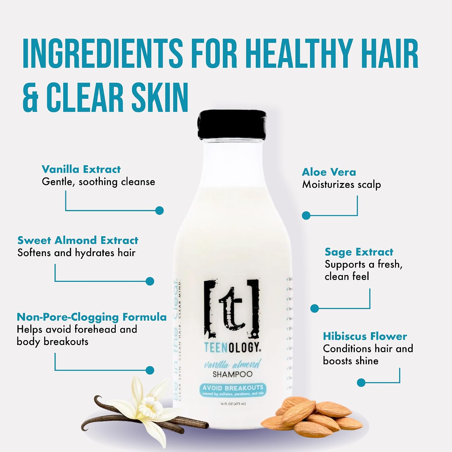 Teenology Teen Shampoo – Avoid Acne Breakouts, Sulfate & Paraben Free | Blueberry Pomegranate Cucumber – Free of pore-clogging oils – non-comedogenic formula with botanicals for acne-prone skin