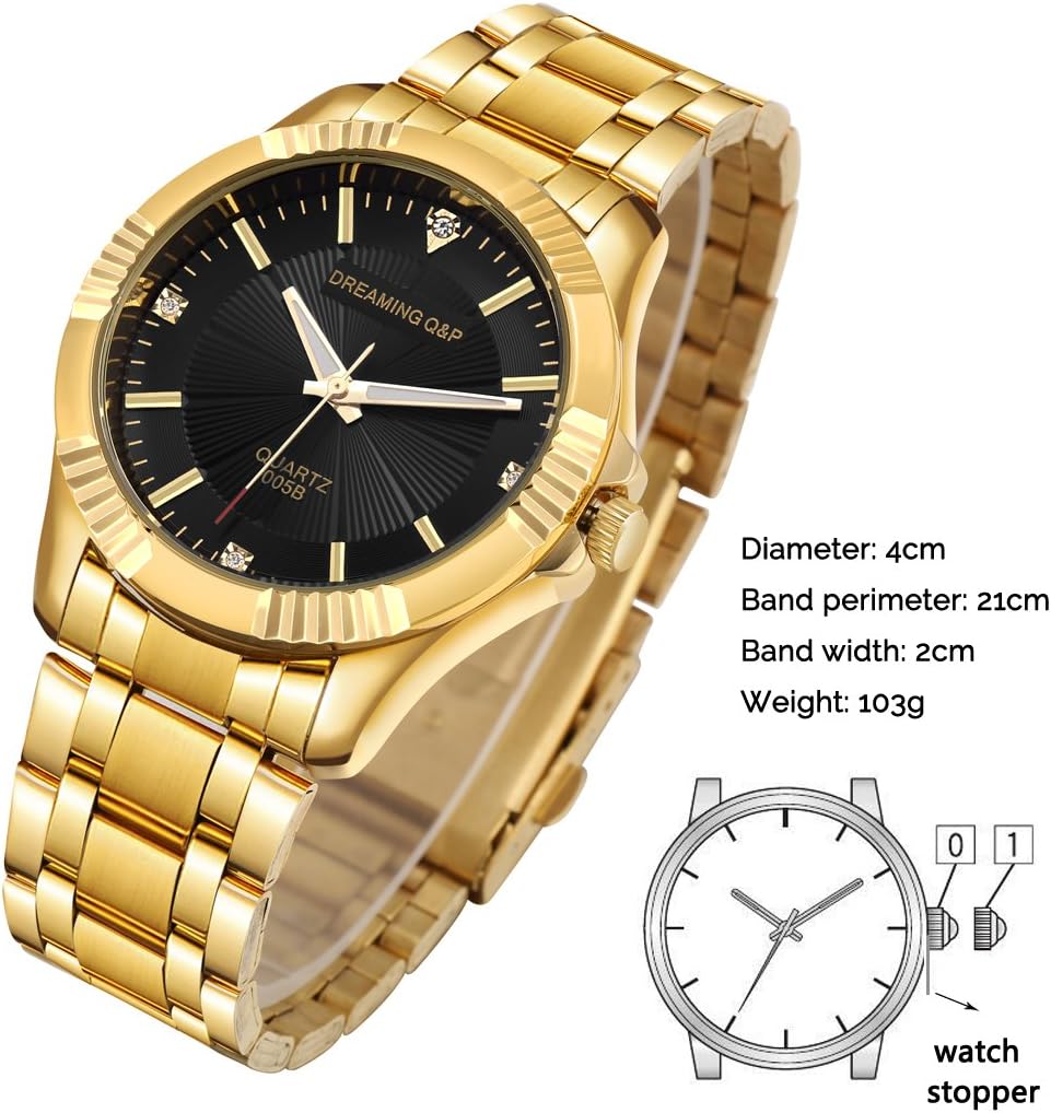 DREAMING Q&P Fq-005 Classic Style Gold Stainless Steel Mens Wrist Watches with Crystals for Man