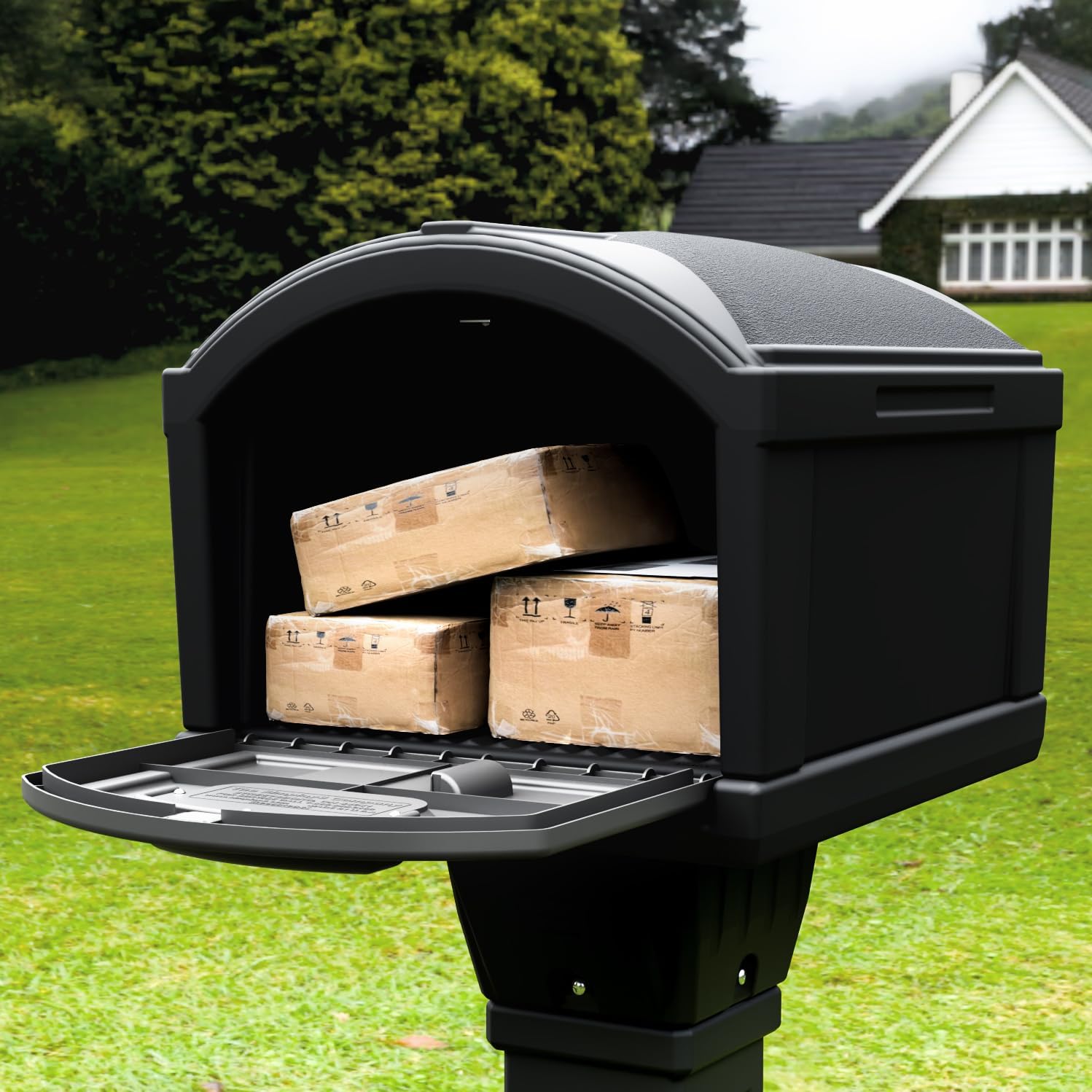 Simplay3 Rustic Home Plastic Residential Cabin Mailbox & Post Mount Combo Kit with 2 Access Doors - Sandstone, Made in USA